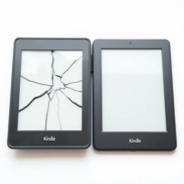 Tela de um Kindle quebrada ao lado de um Kindle novo.