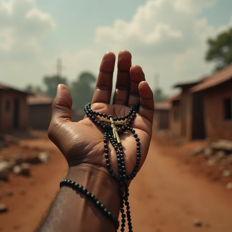 Terço em mãos em meio ao caos de Ruanda, representando a esperança em 'Hotel Ruanda'