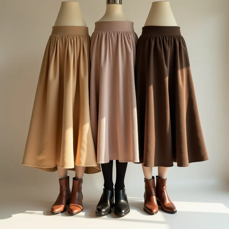 Texturas e materiais de saias midi e botas