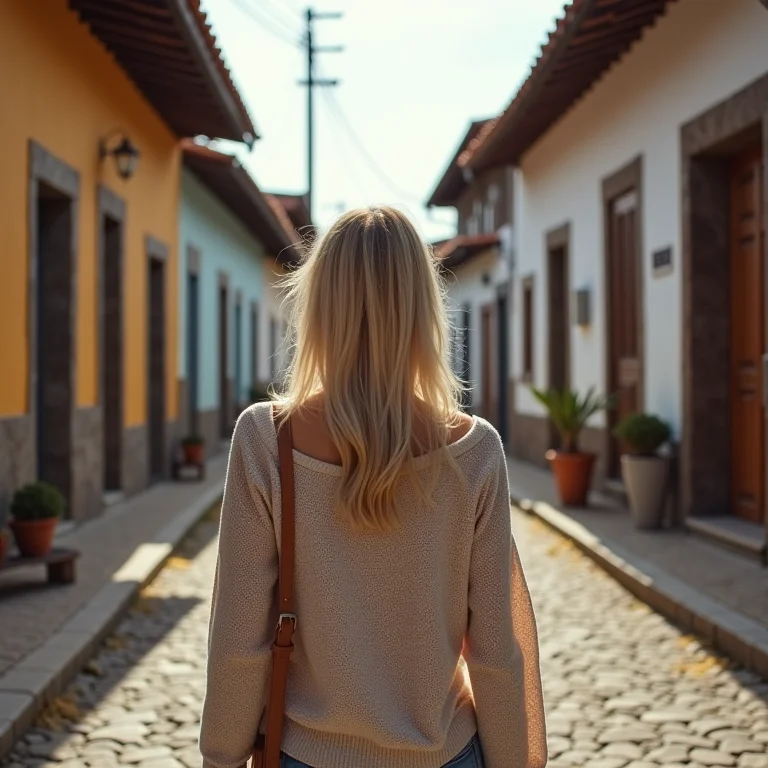 Turista explorando a arquitetura e lojas locais em Gramado