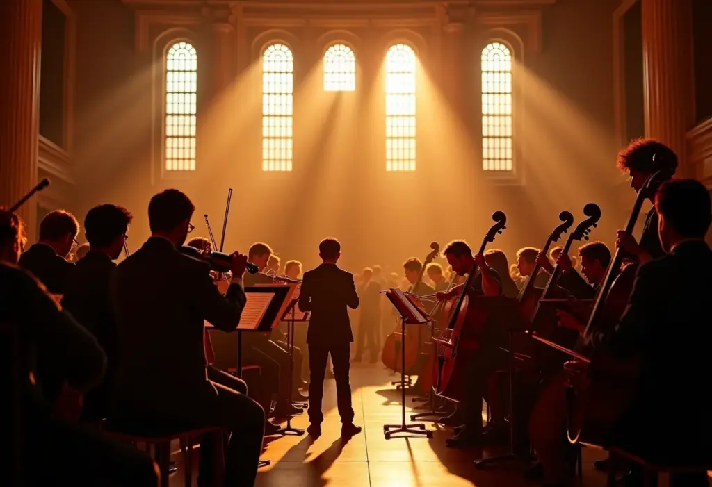 Um salão de concertos vibrante, cheio de músicos afinando seus instrumentos.