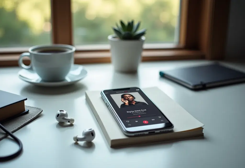 Um smartphone Android exibindo um aplicativo de podcast em uma mesa minimalista com fones de ouvido e acessórios.