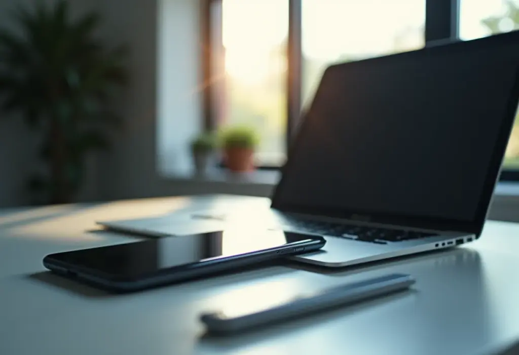 Um smartphone espelhando a tela em um laptop em um escritório minimalista.