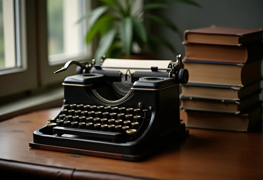 Machado de Assis: A biografia resumida do maior escritor brasileiro Uma antiga máquina de escrever em uma mesa de madeira, cercada por livros antigos.