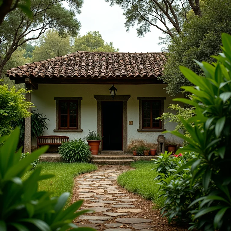 Uma casa rústica cercada pela natureza exuberante.