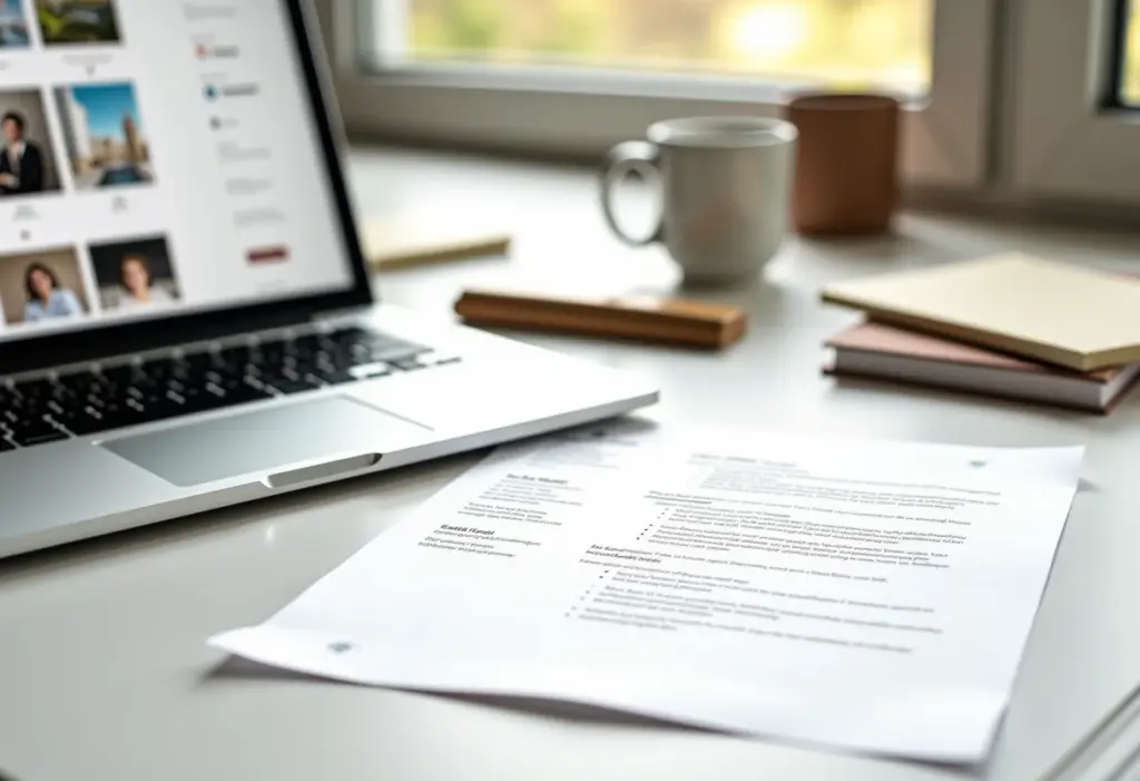 Uma mesa de trabalho organizada com um currículo minimalista, papelaria elegante e um laptop mostrando um site de busca de emprego.