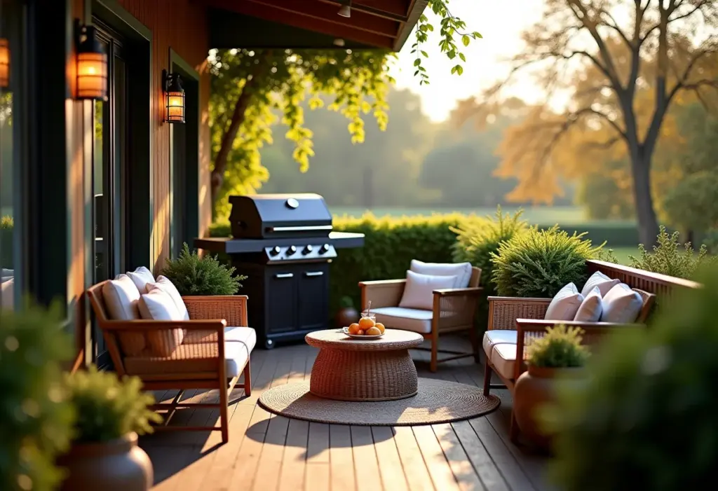 Varanda gourmet pequena com churrasqueira decorada com móveis de madeira e plantas.