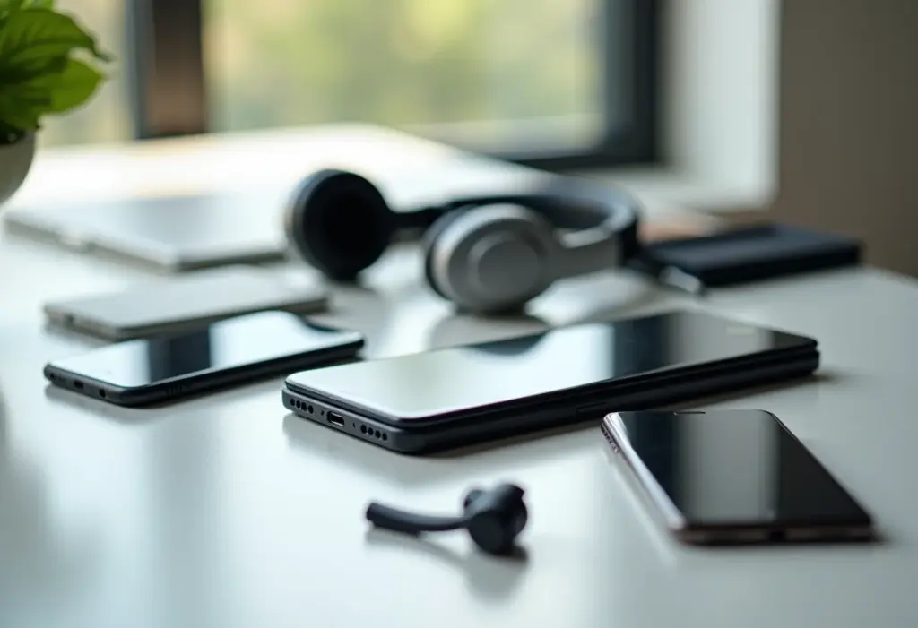 Eletrônicos Usados: Os Melhores Sites Seguros Que Testei Vários eletrônicos usados em um ambiente minimalista e bem iluminado.