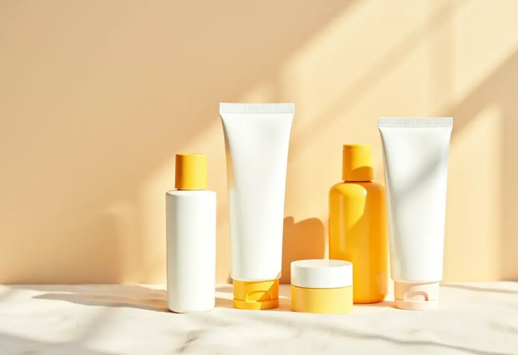 Vários protetores solares faciais dispostos sobre linho.