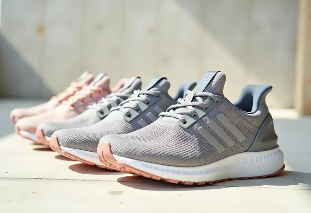 Vários tênis de caminhada femininos dispostos em superfície de concreto clara