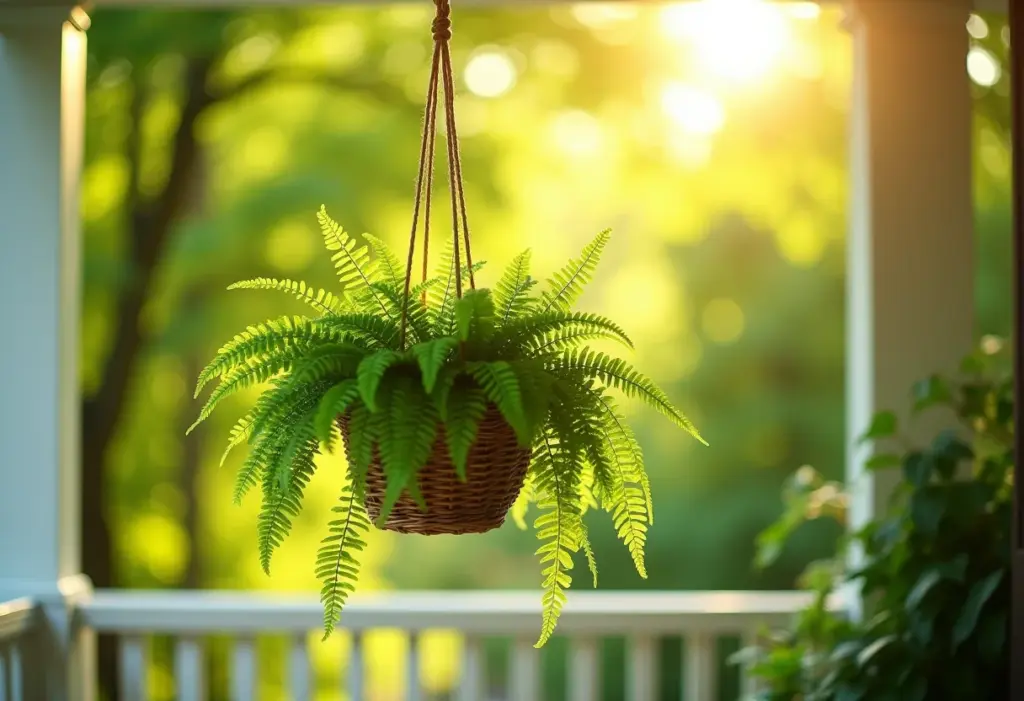 Vaso suspenso com samambaia exuberante