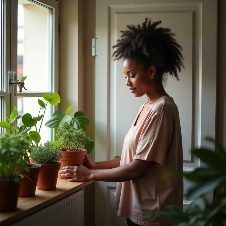 Vasos e cachepots decorando a porta do apartamento.