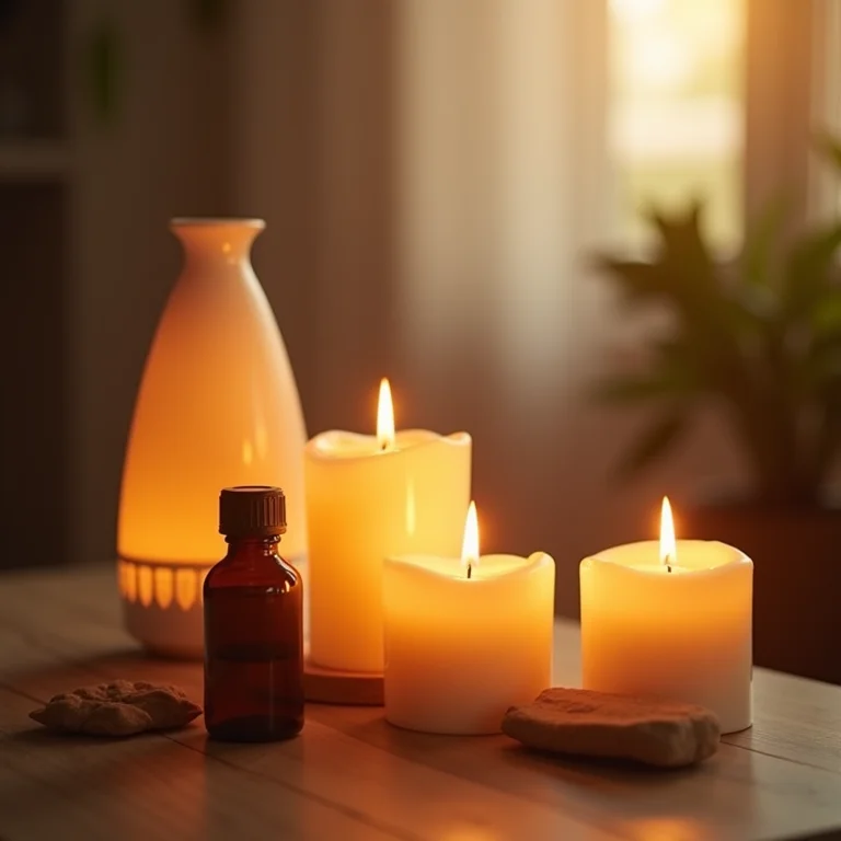 Velas, difusor de óleo essencial e iluminação suave criando ambiente relaxante