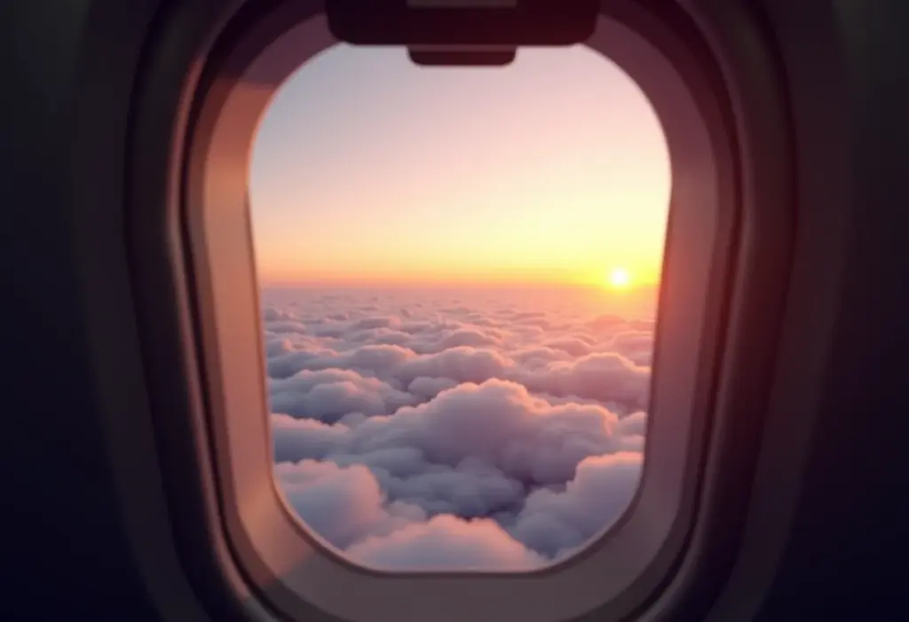 Visão da janela de um avião com o céu ao entardecer