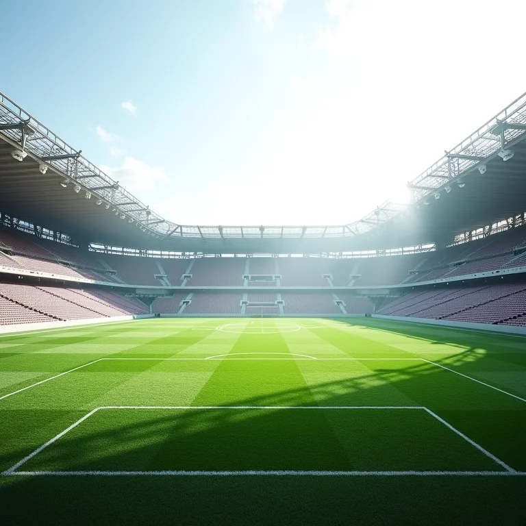 Visão detalhada da arquitetura e gramado de um estádio de futebol vazio.