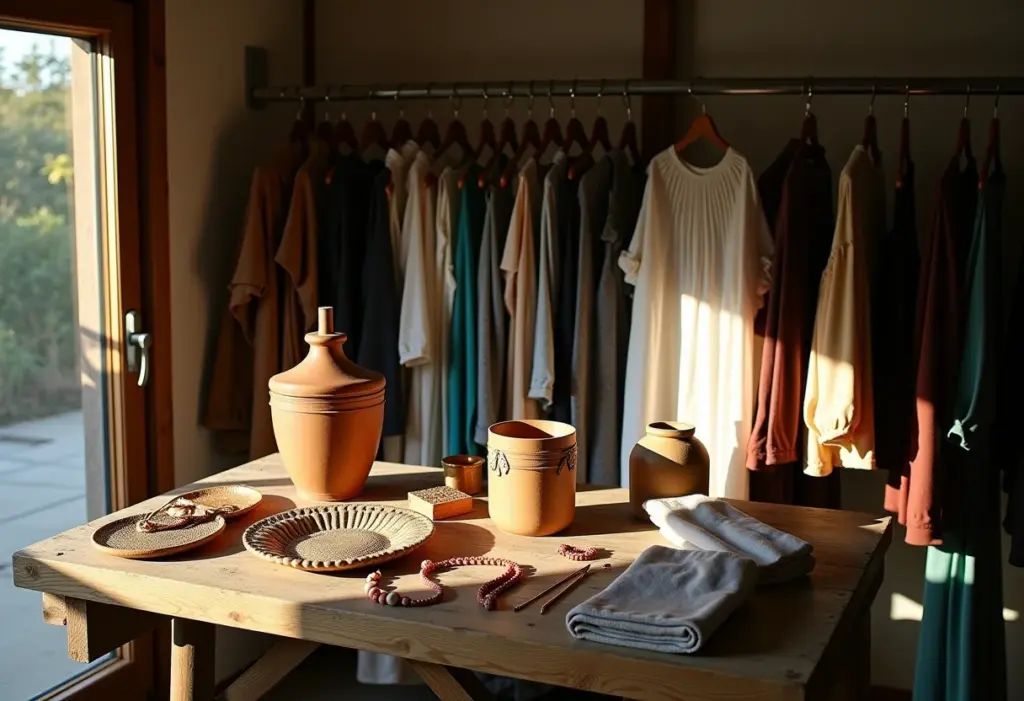 Visão geral de um bazar de garagem com roupas vintage e objetos de decoração.