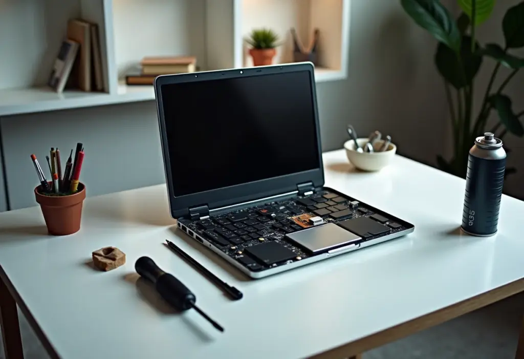 Visão geral de um laptop aberto em uma mesa organizada.