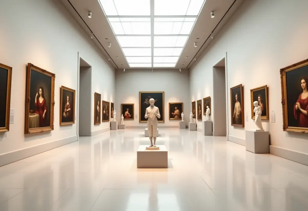 Visão geral de uma galeria de museu virtual bem iluminada