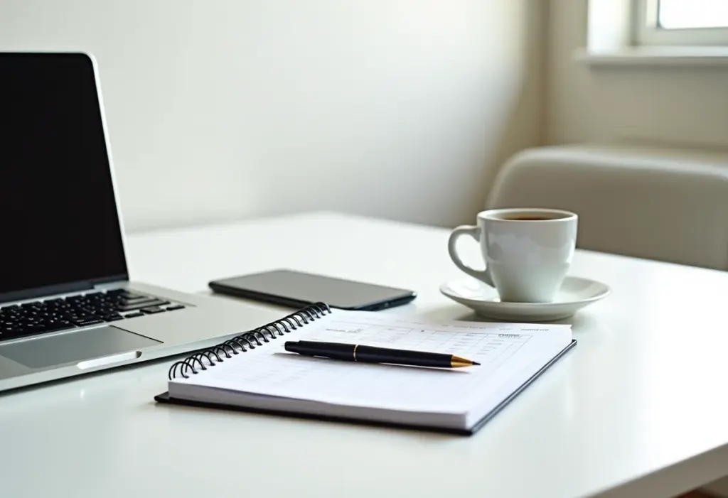 Visão geral de uma mesa de trabalho organizada com planilha de controle de horas no laptop.