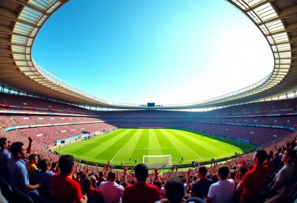 Estádios de futebol: os 5 melhores do Brasil para conhecer Visão panorâmica de um estádio de futebol vibrante e cheio de torcedores.