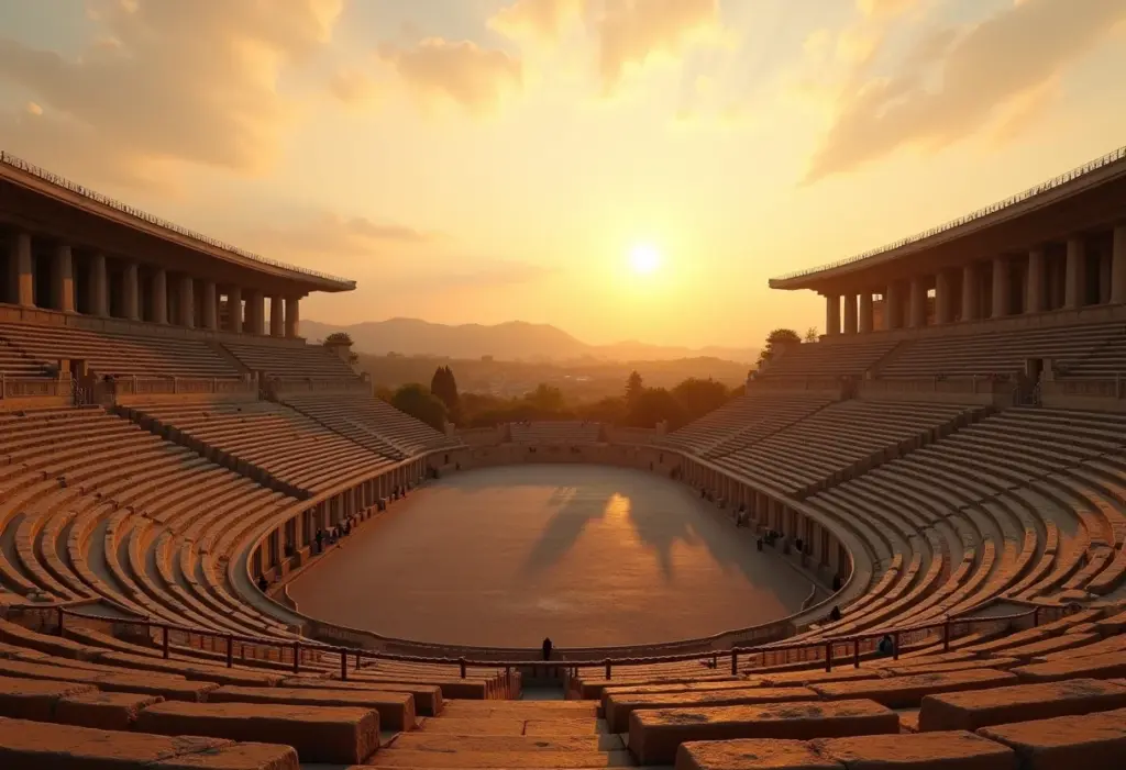 Visão panorâmica de um estádio grego antigo ao pôr do sol, representando as origens das Olimpíadas.
