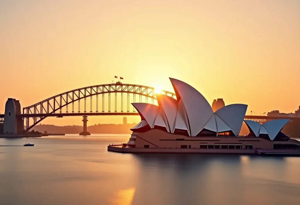 Sydney, Austrália e Barreira: 7 Dicas de Viagem Que Ninguém Te Conta Vista deslumbrante da Sydney Opera House e Harbour Bridge ao pôr do sol