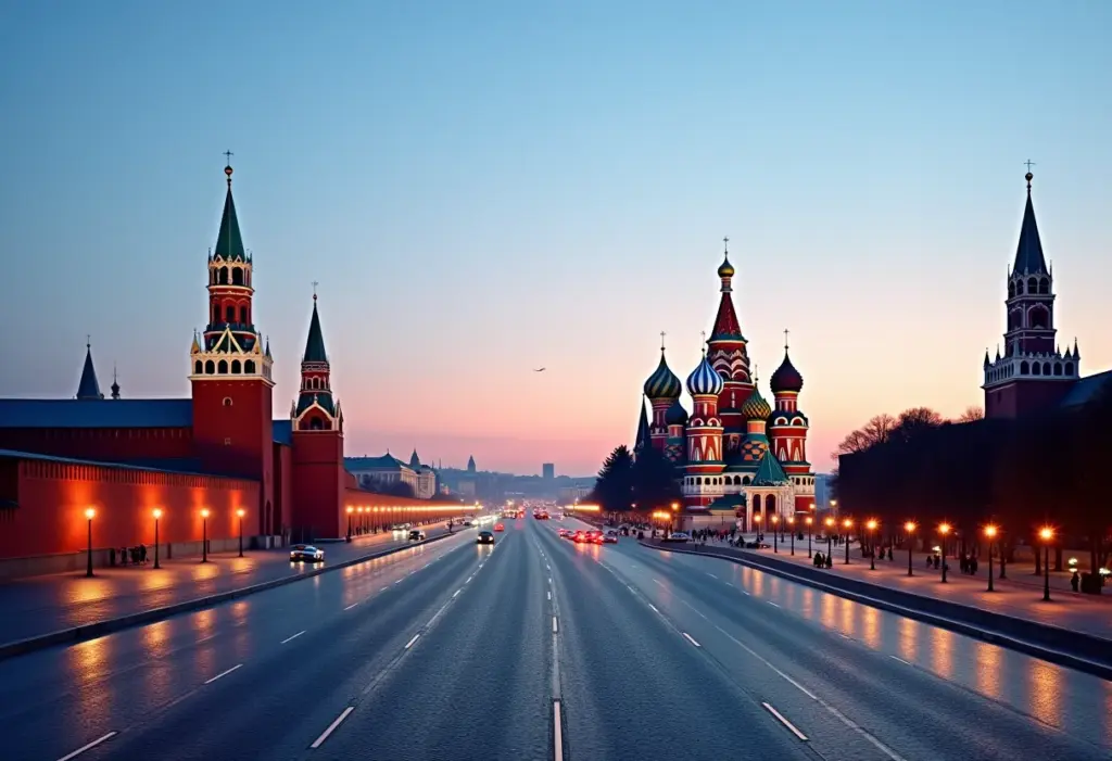 Vista noturna da Praça Vermelha em Moscou com o Kremlin e a Catedral de São Basílio iluminados