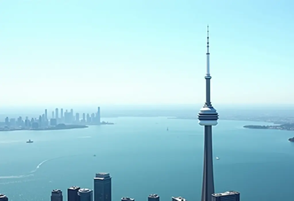 Vista panorâmica da CN Tower e das Toronto Islands em dia ensolarado