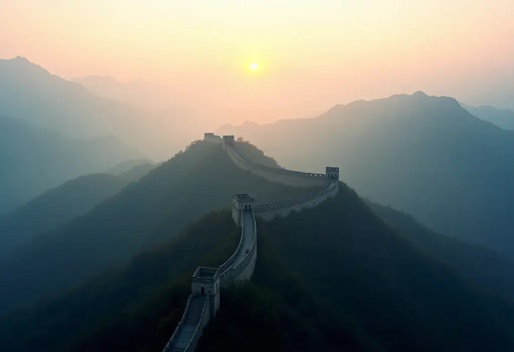 Vista panorâmica da Muralha da China serpenteando pelas montanhas ao amanhecer