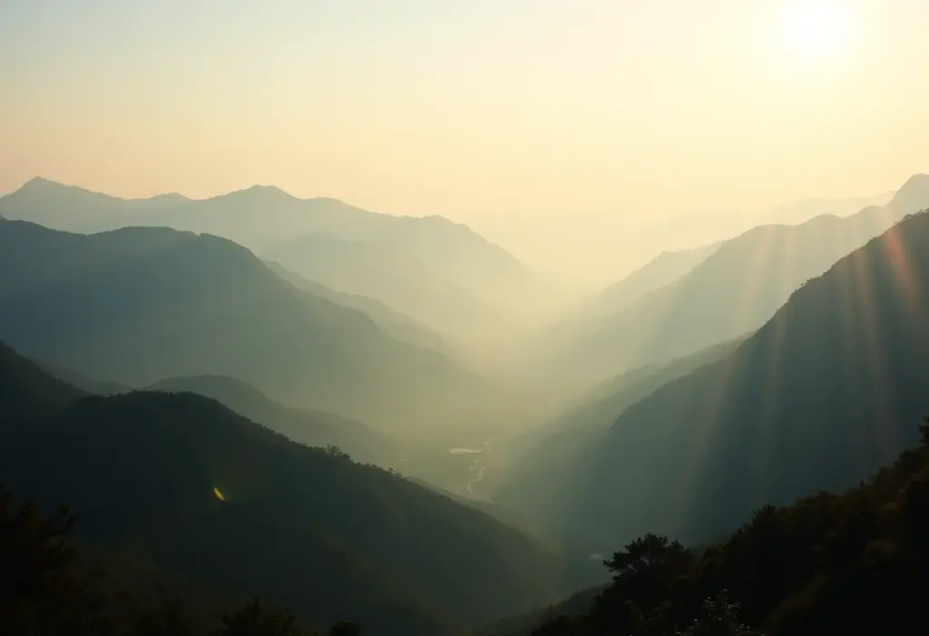 Vista panorâmica da Serra Gaúcha com névoa e luz dourada