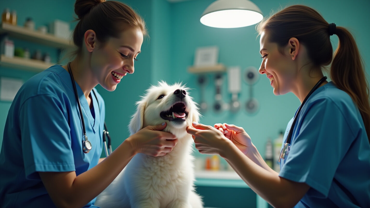 Veterinária examinando coelho em consultório com tutora sorrindo.
