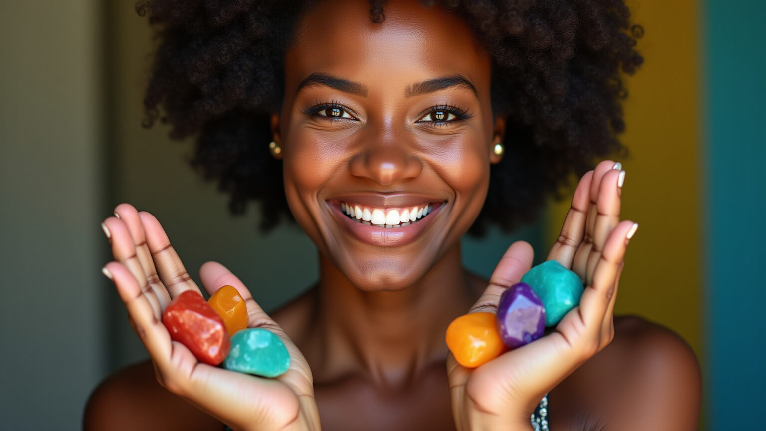 Mulher sorrindo segurando cristais coloridos.