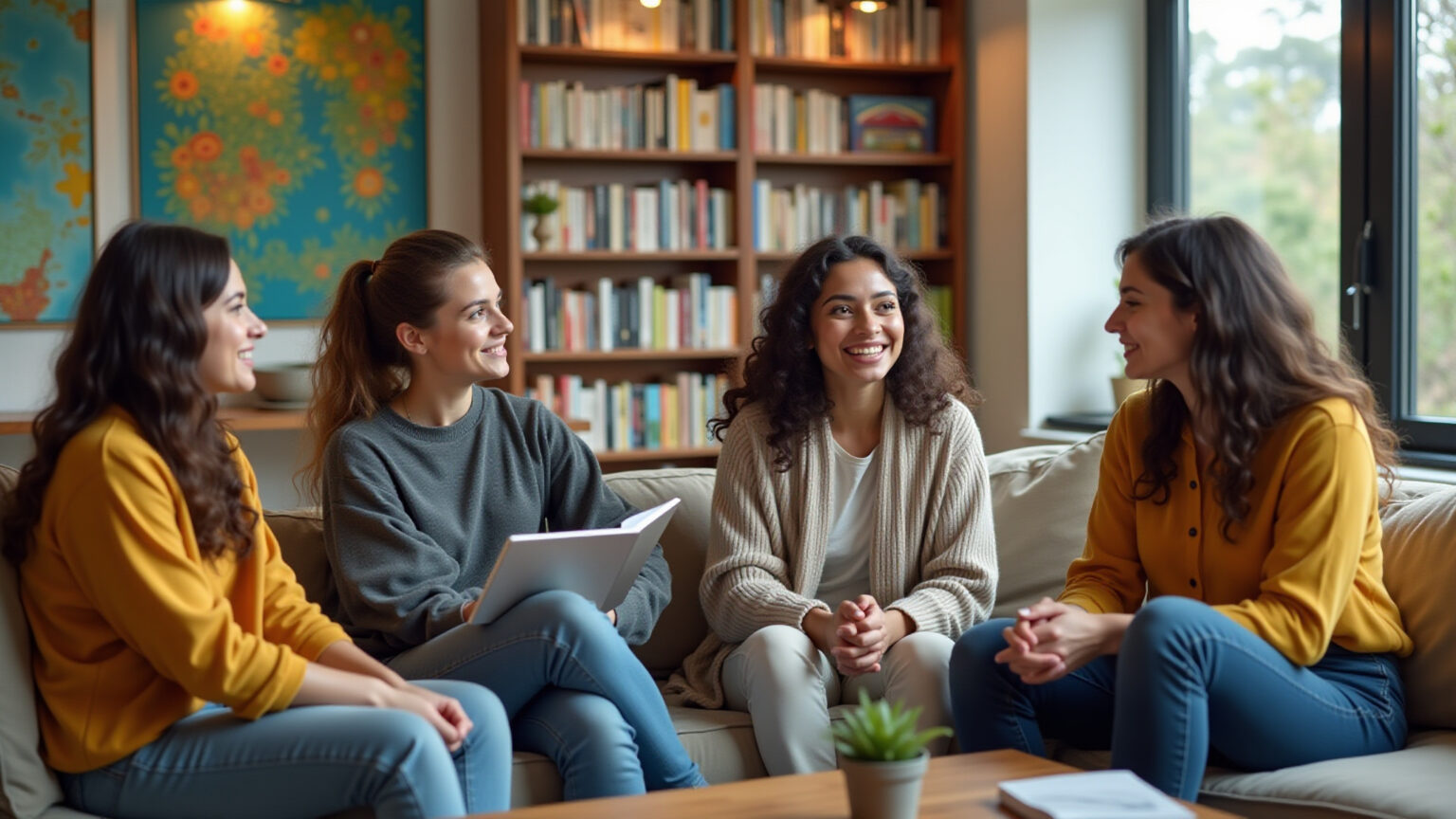 Grupo diverso discutindo relacionamentos e autoconhecimento em ambiente acolhedor.