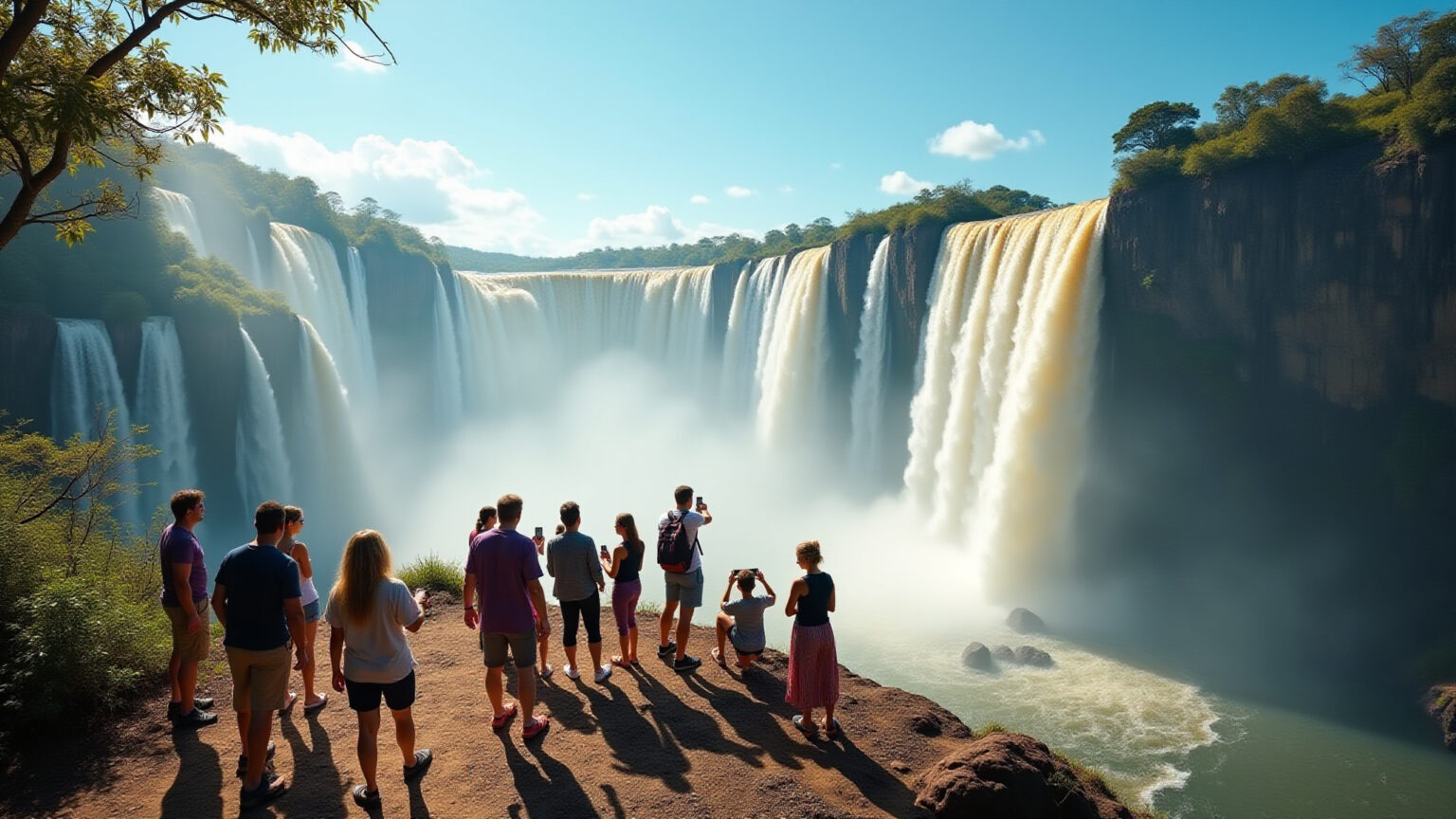 Turistas sorrindo nas Cataratas do Iguaçu.