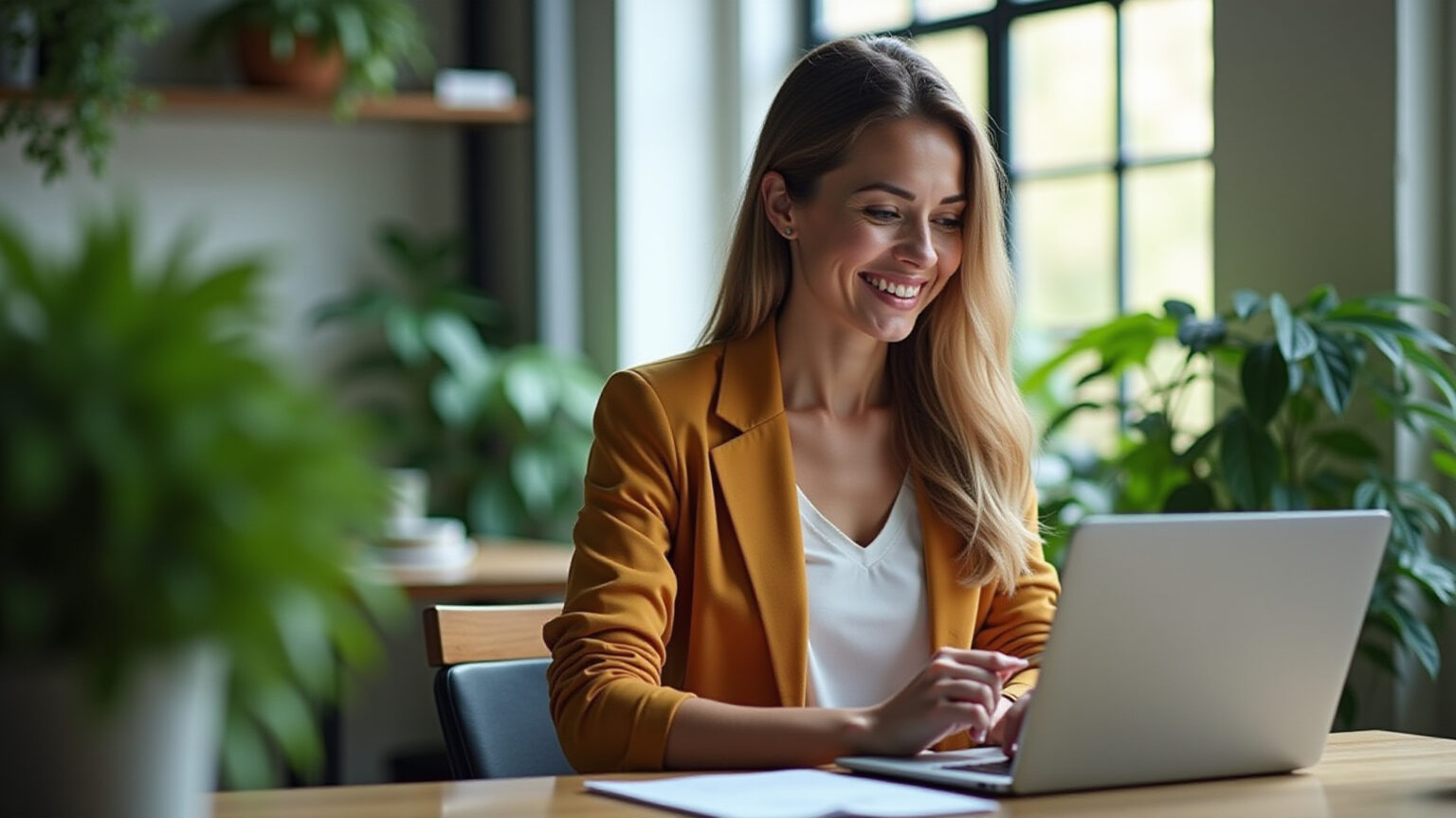 Marketing Digital: O guia completo para iniciantes em 2026 Mulher sorrindo gerencia marketing digital com plantas.