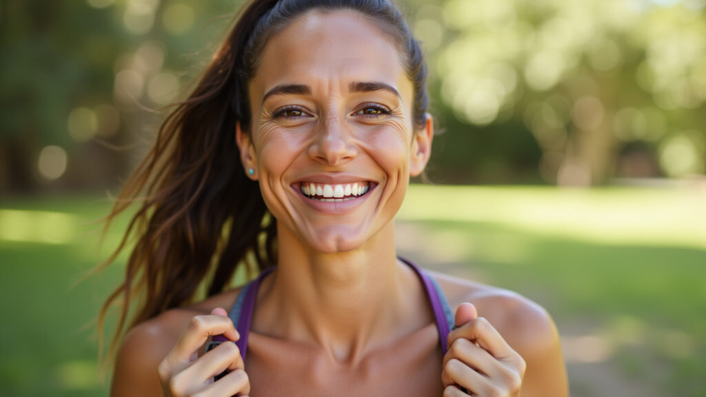 Mulher sorrindo e se sentindo energizada na dieta cetogênica.