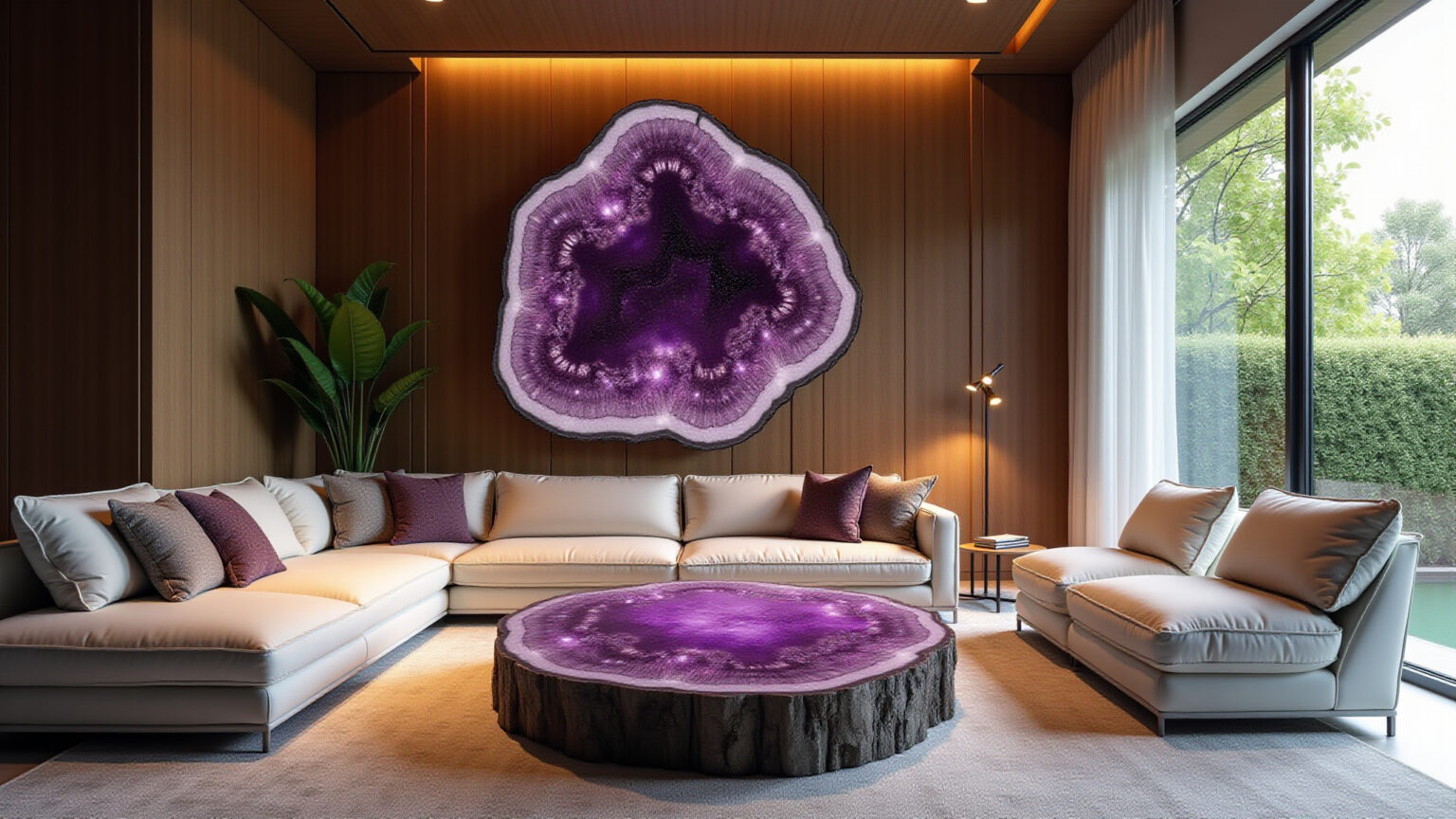 Drusas e Geodos: O toque de luxo natural que sua casa merece Sala de estar moderna com drusa de ametista como peça central.