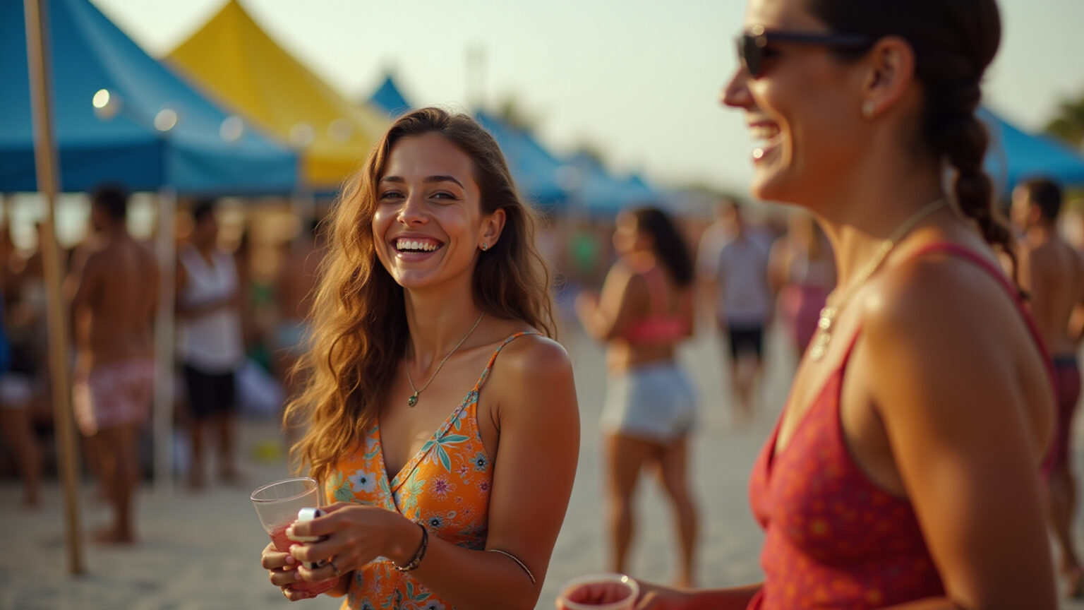 Evento vibrante na praia de Maceió com tendas coloridas e pessoas felizes.