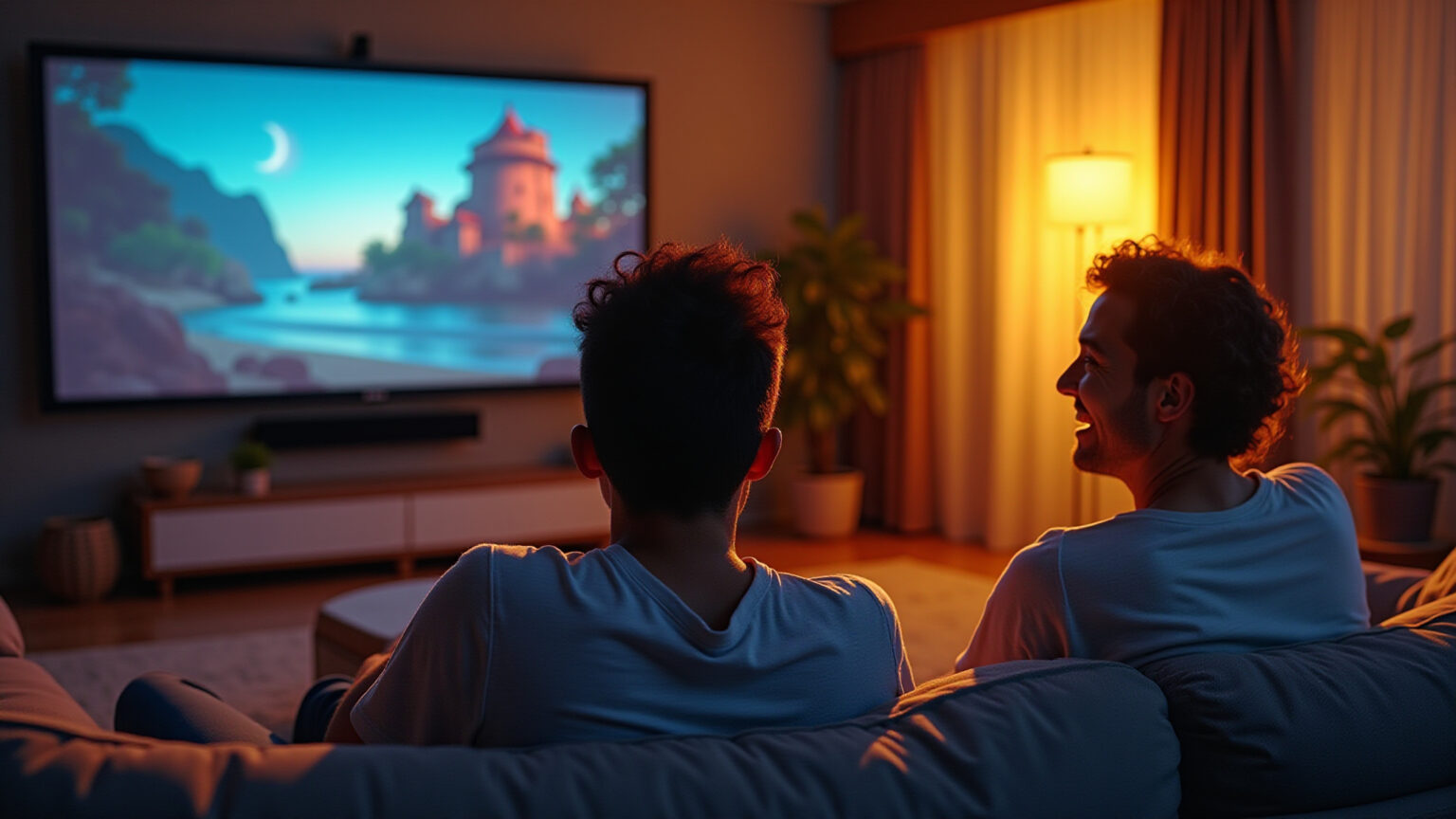 Casal assistindo filme em projetor Android na sala de estar.