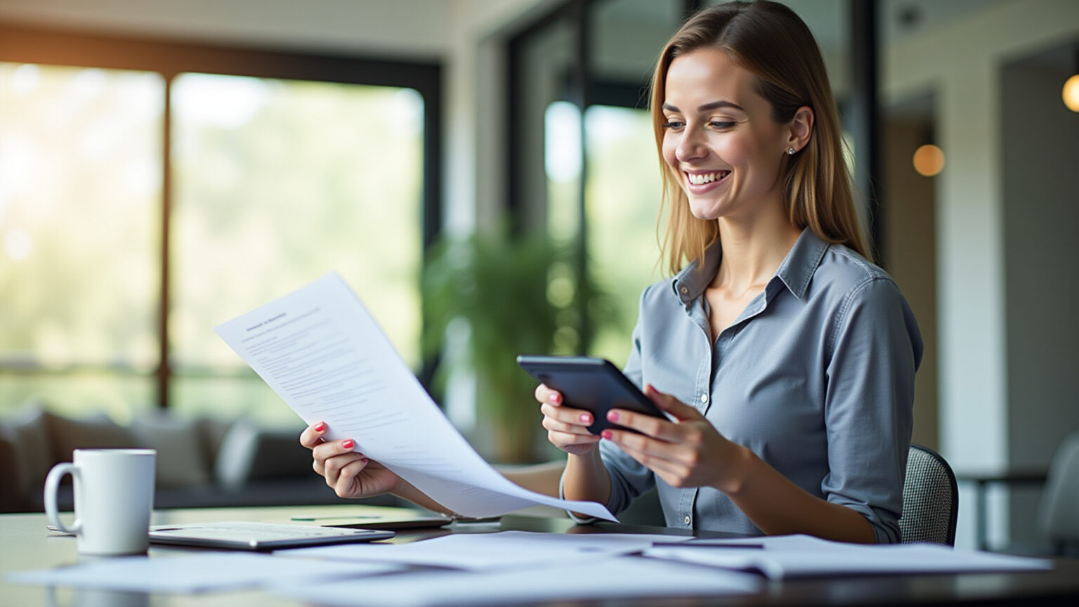 Contadora sorrindo analisando documentos financeiros em escritório moderno.