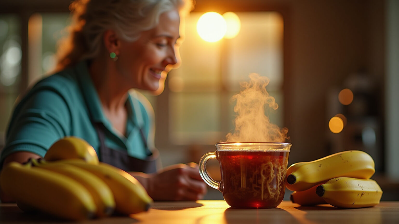 Chá de casca de banana sendo preparado em uma cozinha vibrante.