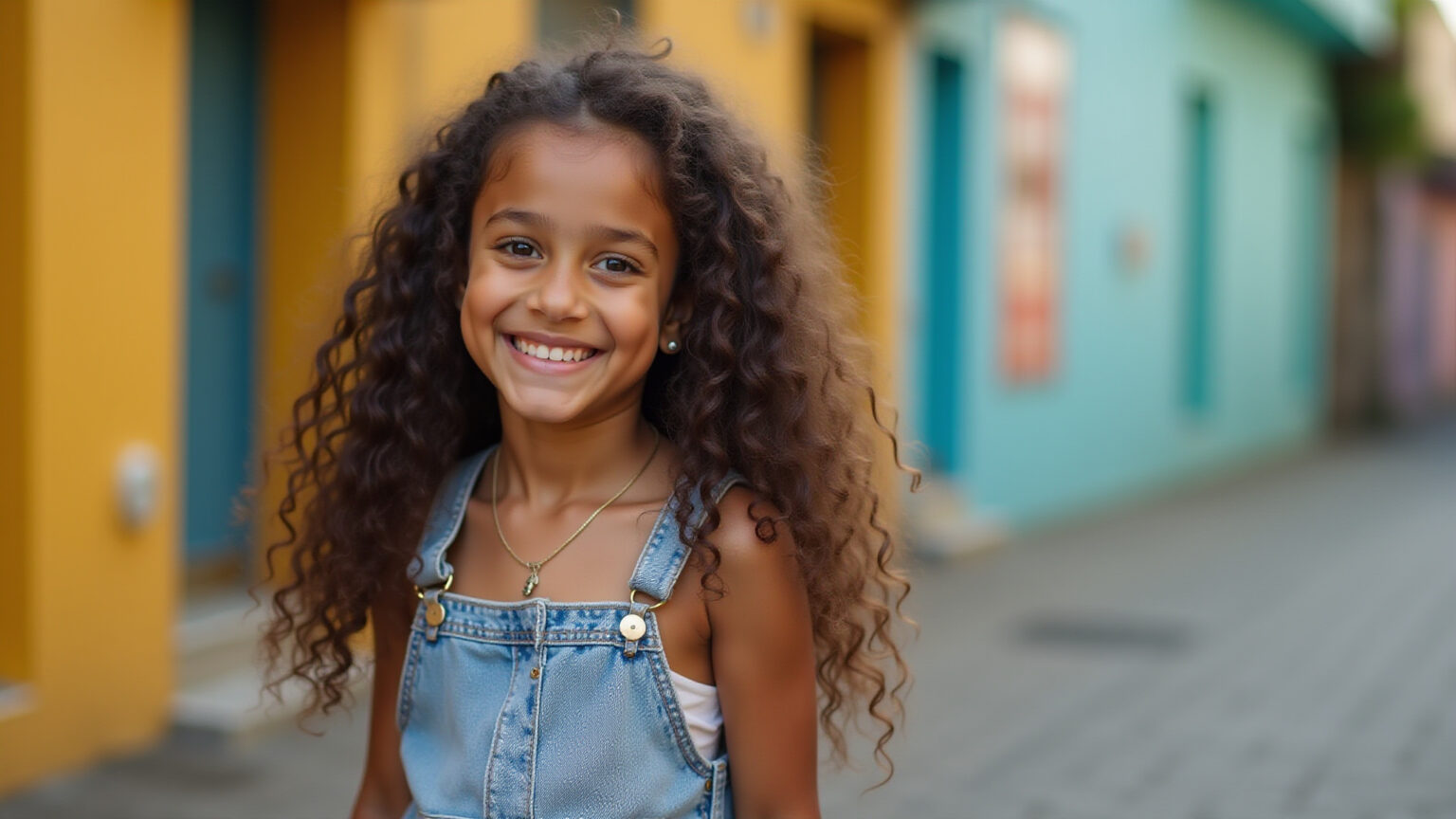 Garota pré-adolescente sorrindo com roupas Tumblr estilosas.