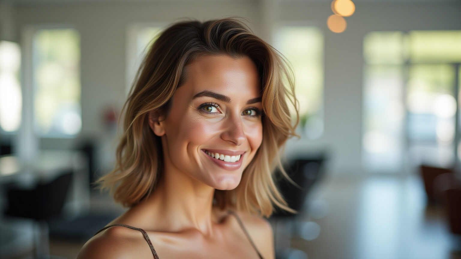 Corte de Cabelo Feminino Moderno: Tendências e Inspirações para Renovar Seu Visual Mulher sorrindo com corte de cabelo moderno em salão iluminado.
