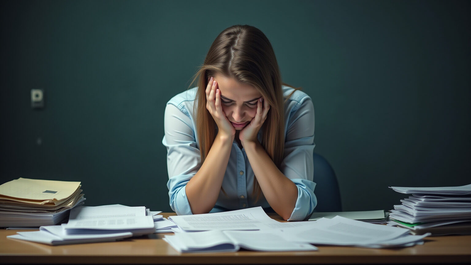 Do Entusiasmo ao Esgotamento: Como Prevenir o Burnout em Professores no Cenário Atual Professor exausto sentado à mesa, sobrecarregado por papéis.