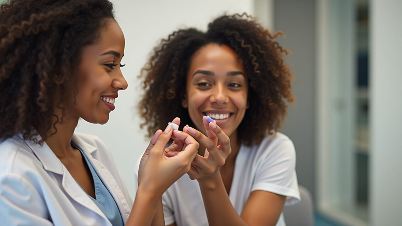 Mulheres sorrindo, escolhendo entre chip contraceptivo e implante hormonal.
