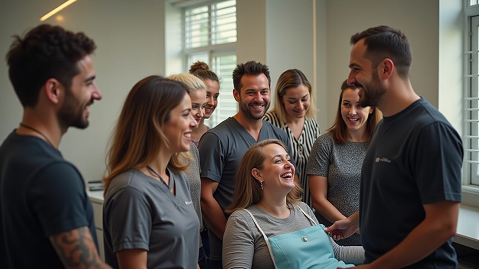 Grupo diverso de pessoas sorrindo em clínica moderna discutindo opções de implante capilar.