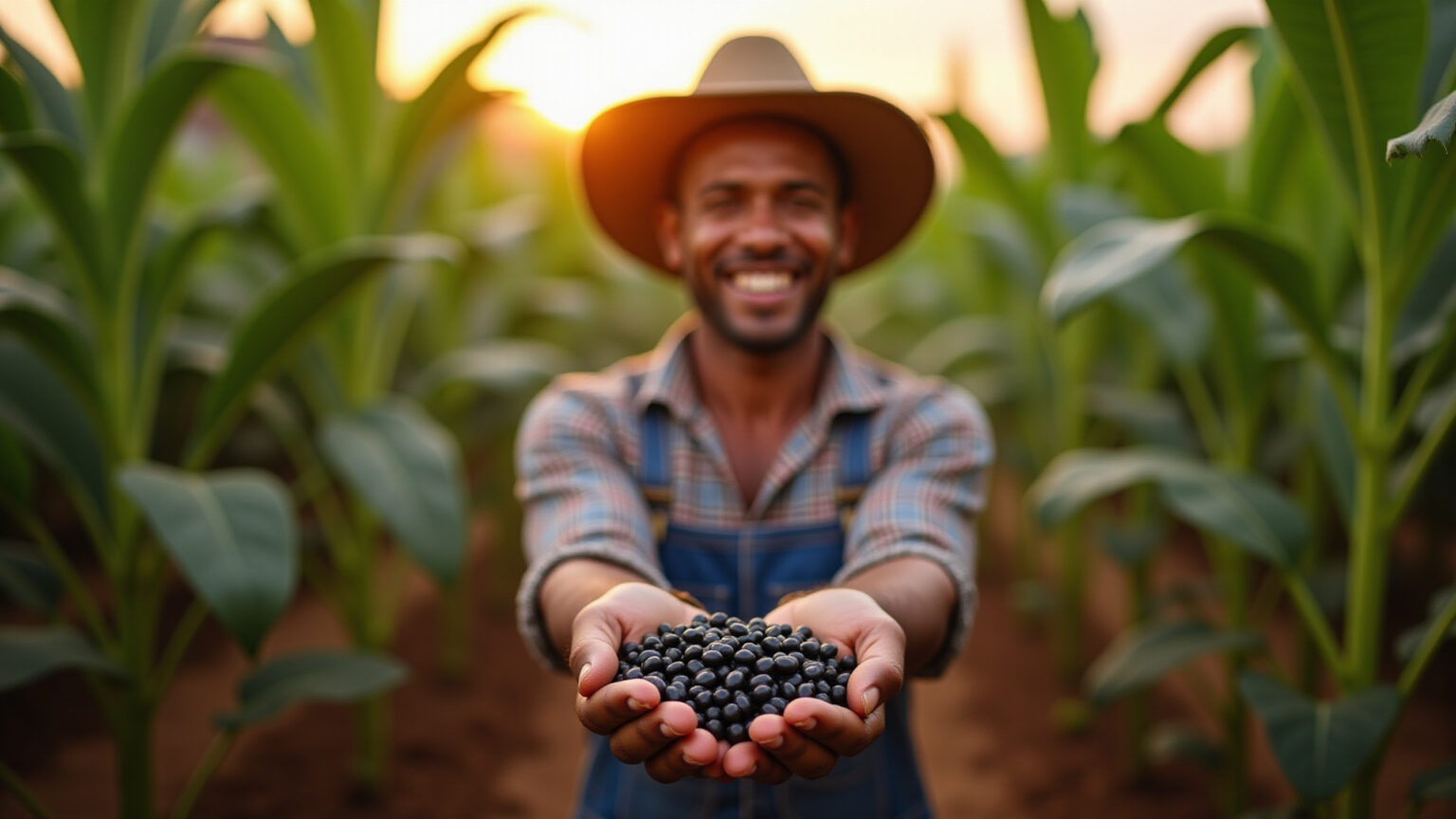 Colheita abundante de feijão preto com agricultor sorrindo.