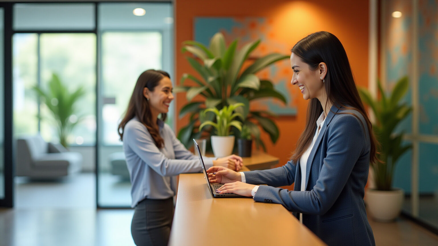 Reforma de Recepção de Empresa: Pare de Errar e Encante Seus Clientes Recepção moderna de empresa com recepcionista e cliente.