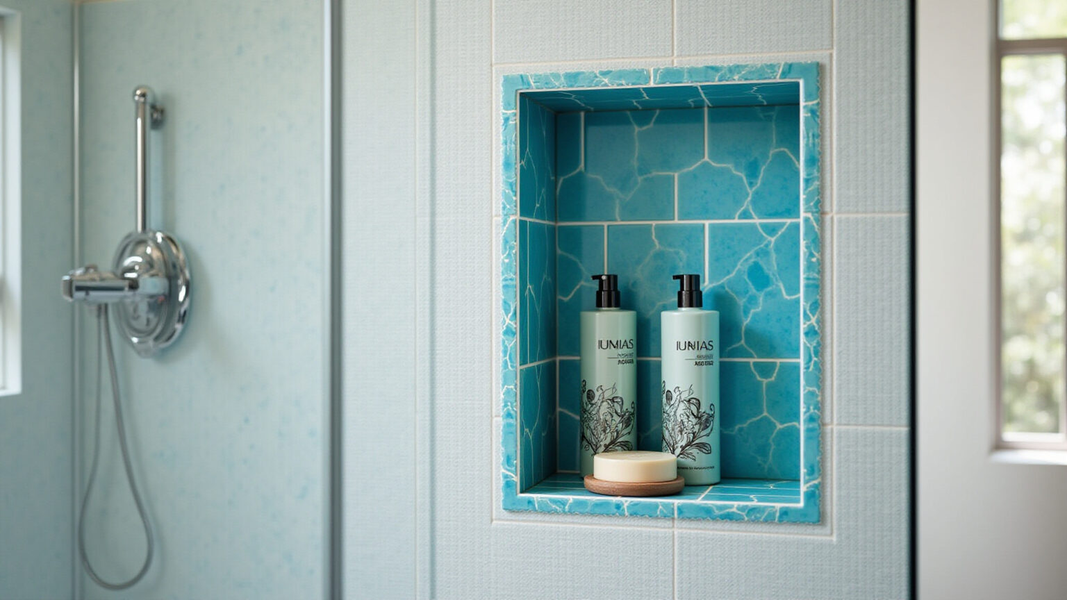 Nicho moderno e funcional em box de banheiro com azulejos vibrantes.