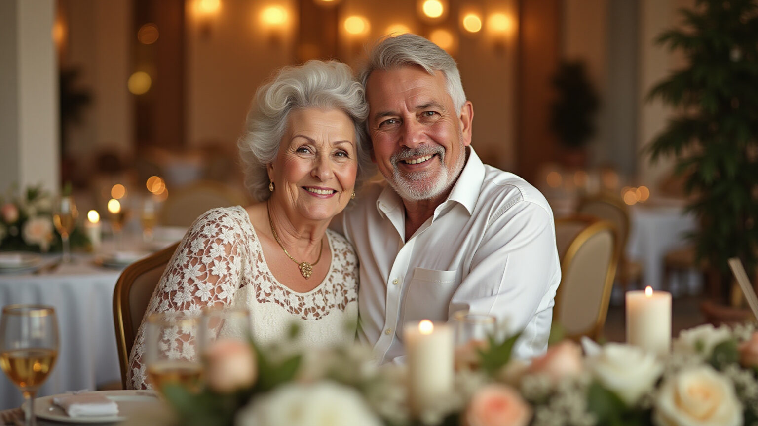 Elegante decoração de bodas de ouro com casal sorrindo.
